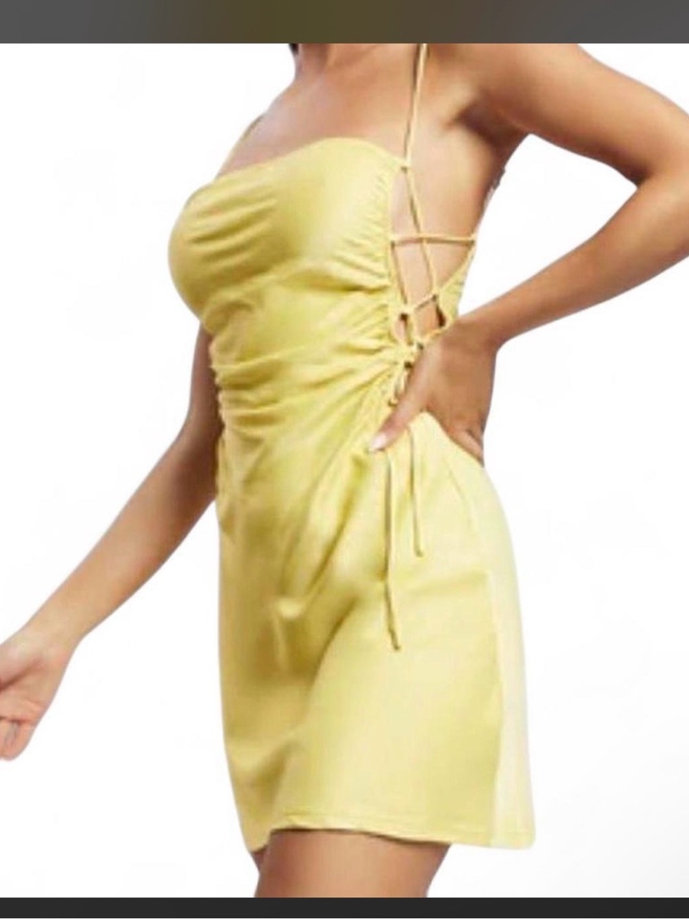 MESHKI Nikole Tie Up Side Mini Dress Yellow XXS NWT
